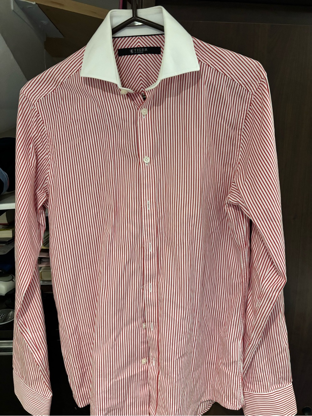 Tiger of Sweden Red and White Striped Dress Shirt with White Contrast Collar
